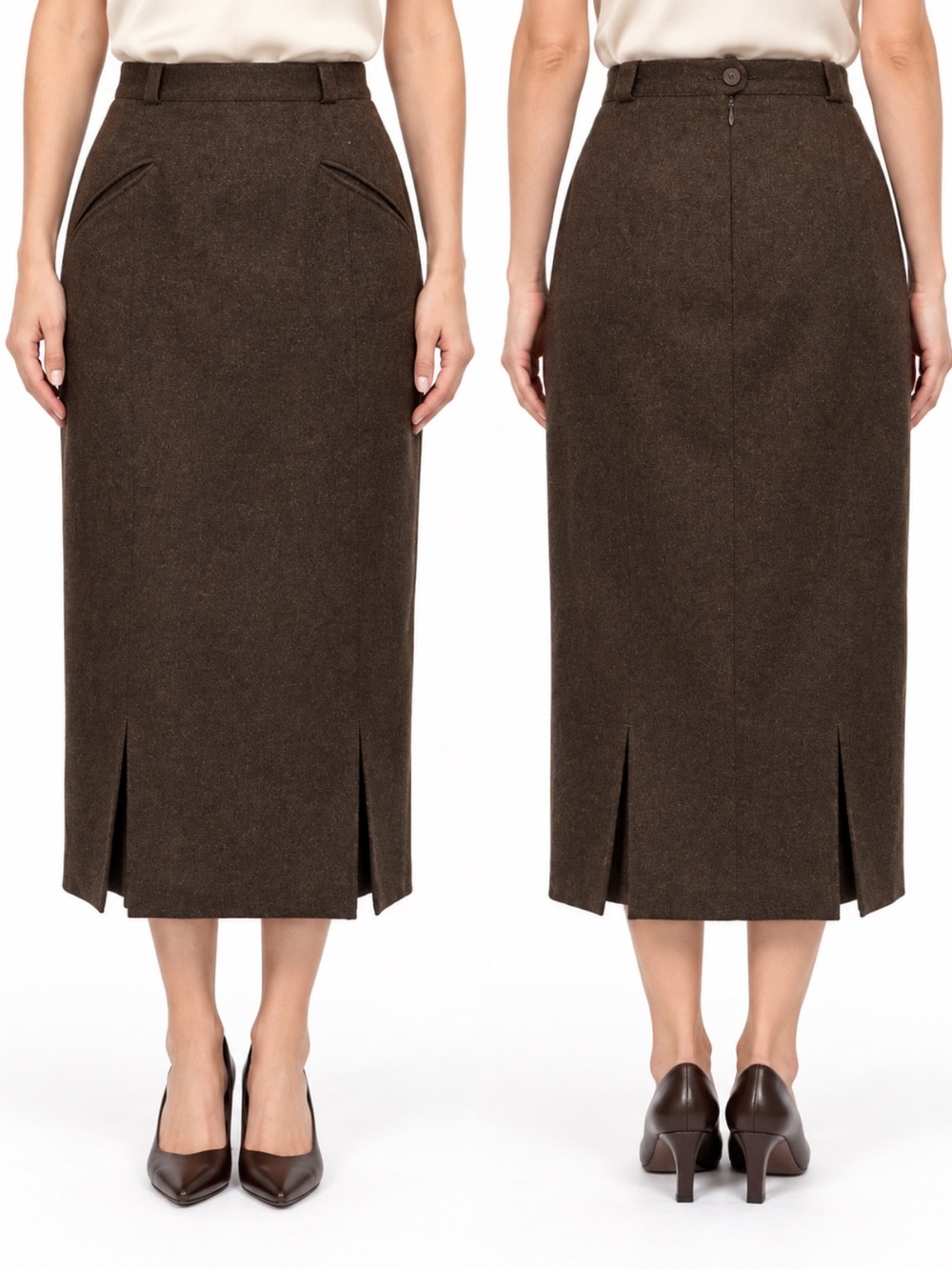Basler Brown Wool Pencil Midi Skirt Front Slits Large Preppy Chic Office Luxury